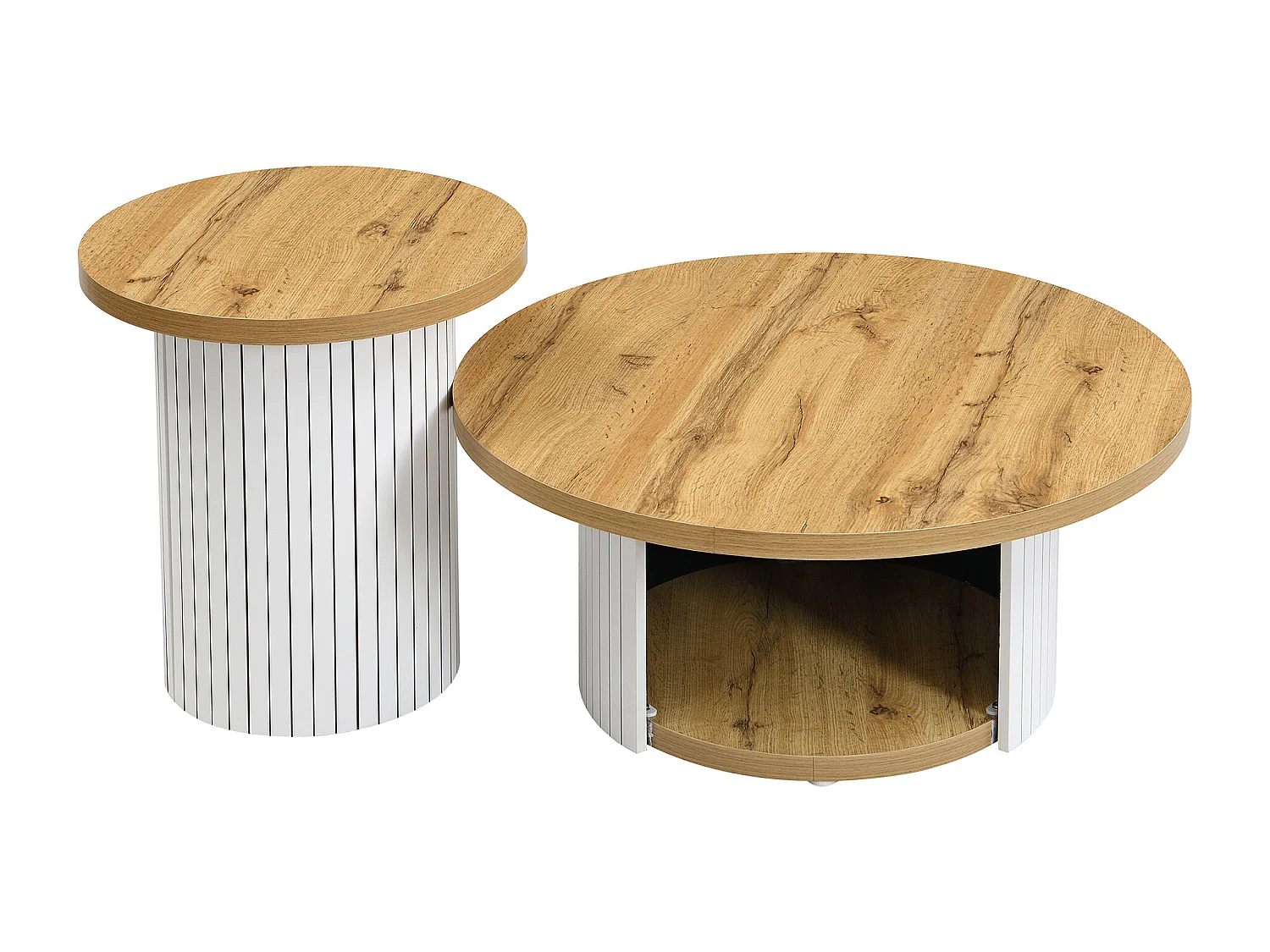 Table basse rond avec rangement - Lot de 2 - Rayures verticales blanches -Couleur bois