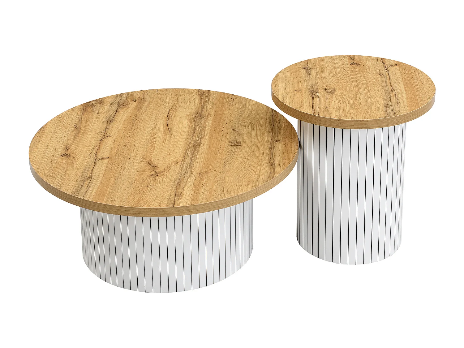 Table basse rond avec rangement - Lot de 2 - Rayures verticales blanches -Couleur bois
