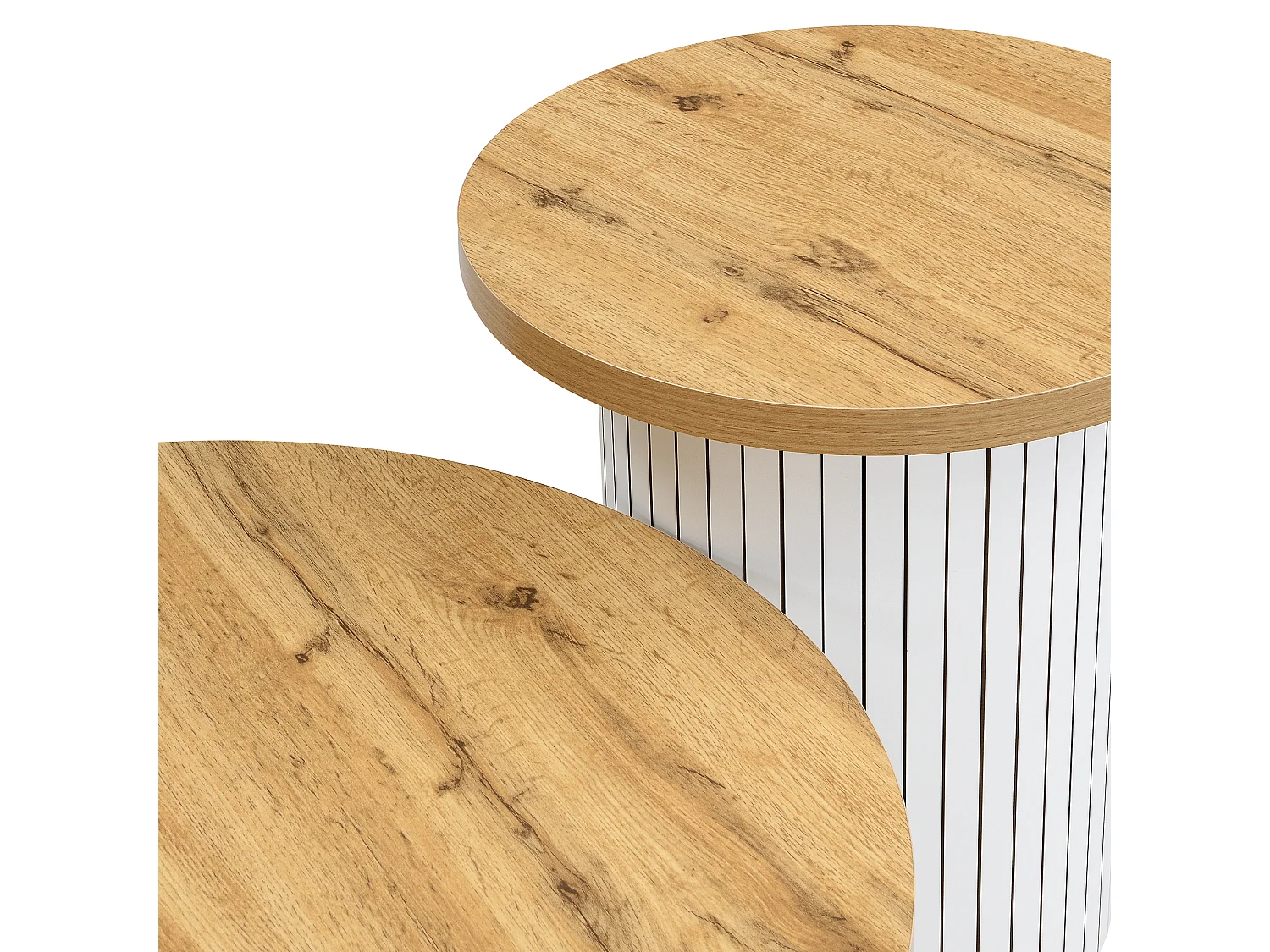 Table basse rond avec rangement - Lot de 2 - Rayures verticales blanches -Couleur bois