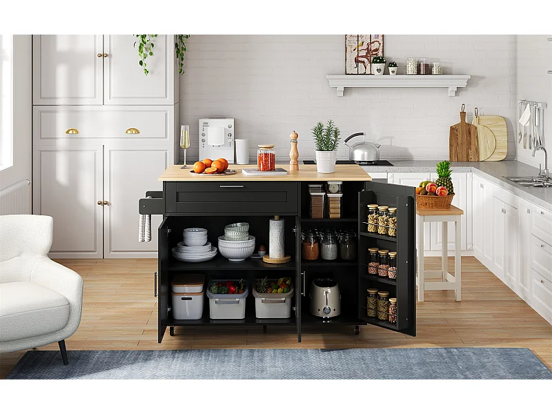 Keukeneiland op wielen - 3 deuren en lade - Houtnerf bovenblad - Zwart