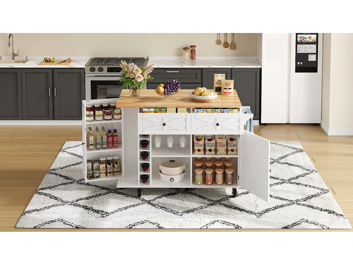 Keukeneiland op wielen - Met 2 lades, deur en wijnrek - Wit 120 x 45(70) x 89 cm