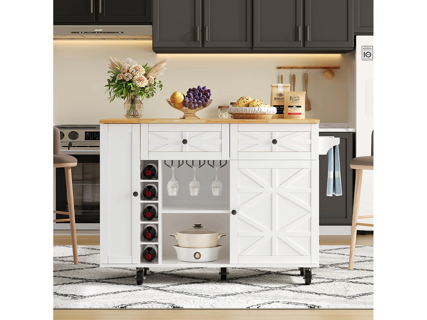 Keukeneiland op wielen - Met 2 lades, deur en wijnrek - Wit 120 x 45(70) x 89 cm