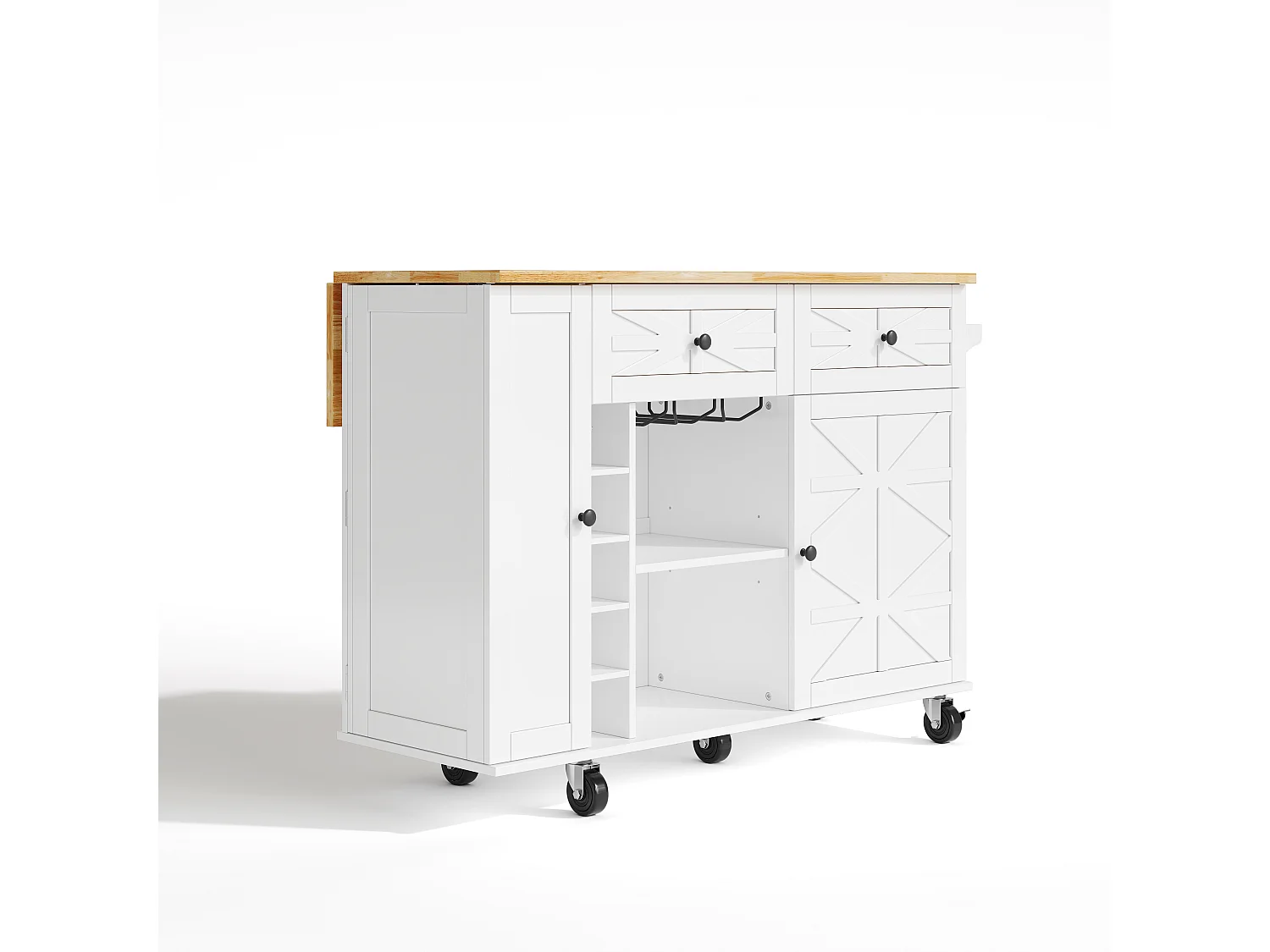 Keukeneiland op wielen - Met 2 lades, deur en wijnrek - Wit 120 x 45(70) x 89 cm