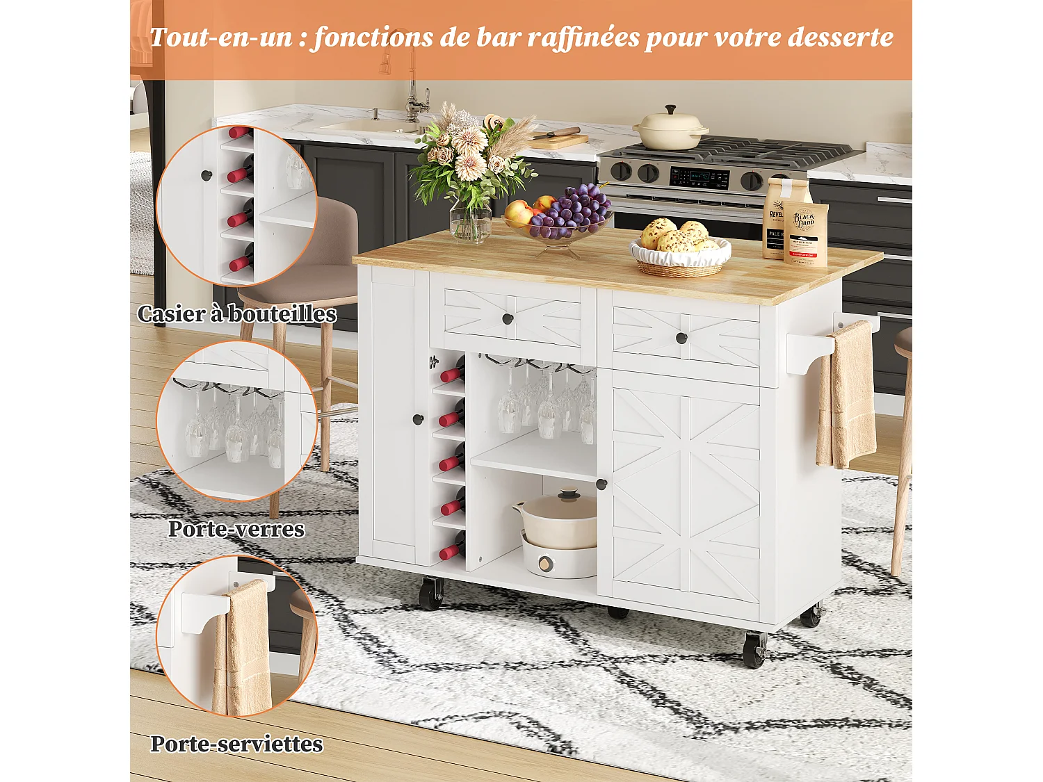 Keukeneiland op wielen - Met 2 lades, deur en wijnrek - Wit 120 x 45(70) x 89 cm