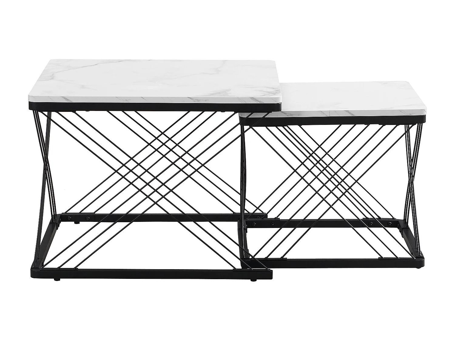 Table basse gigogne -Lot de 2 - Plateau finition brillant en effet marbre - Blanc et noir