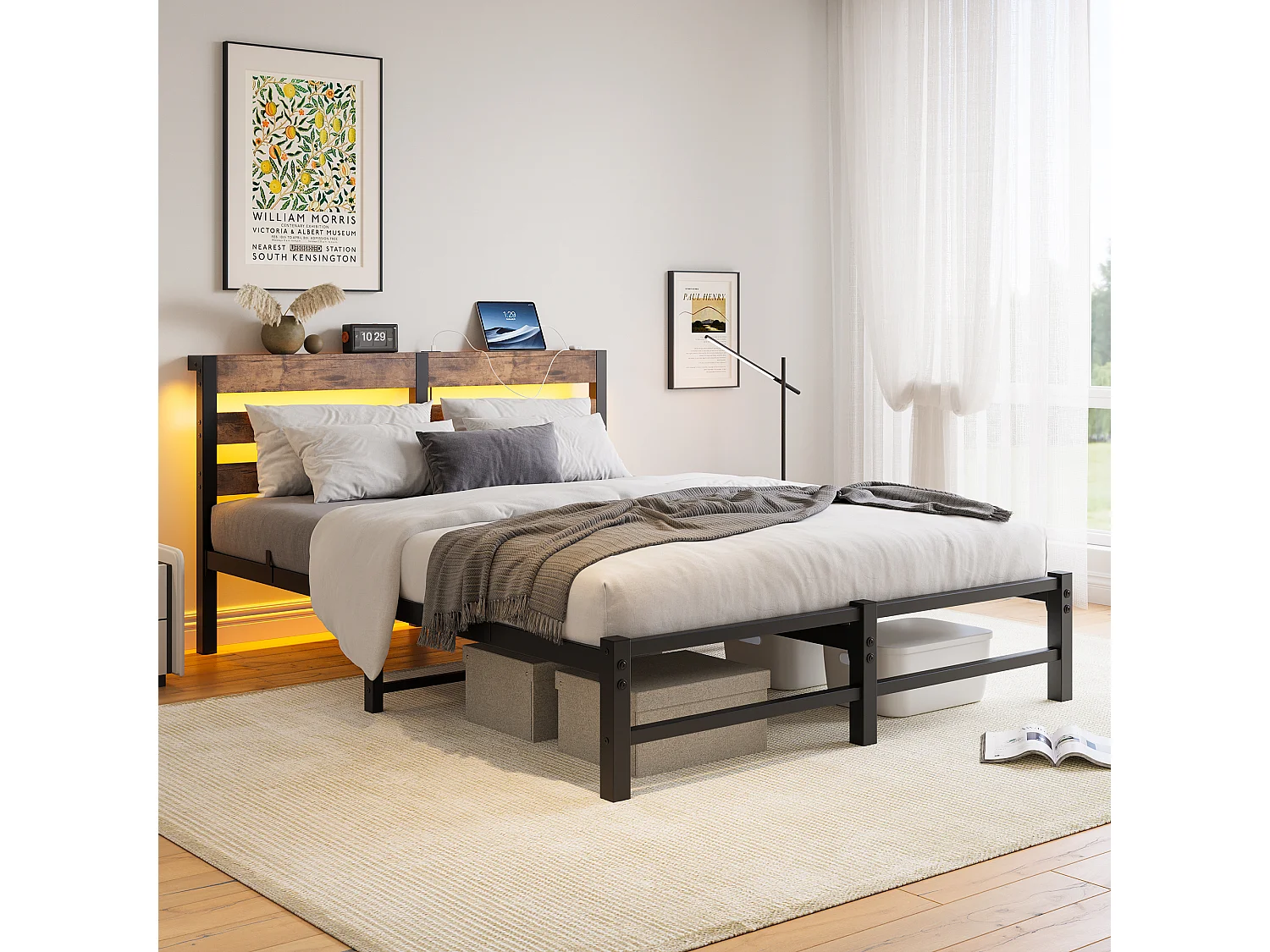 Lit double 140x200cm avec LED et USB - Lit adulte en métal et bois- Couleur noir et bois (sans matelas)