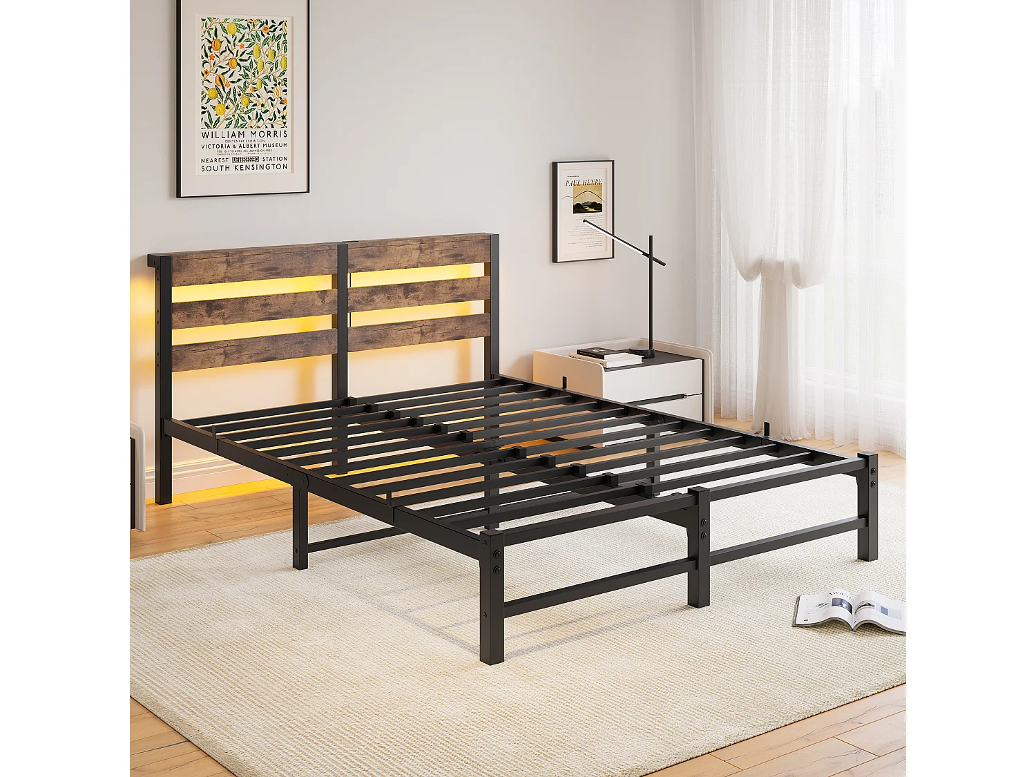 Lit double 140x200cm avec LED et USB - Lit adulte en métal et bois- Couleur noir et bois (sans matelas)