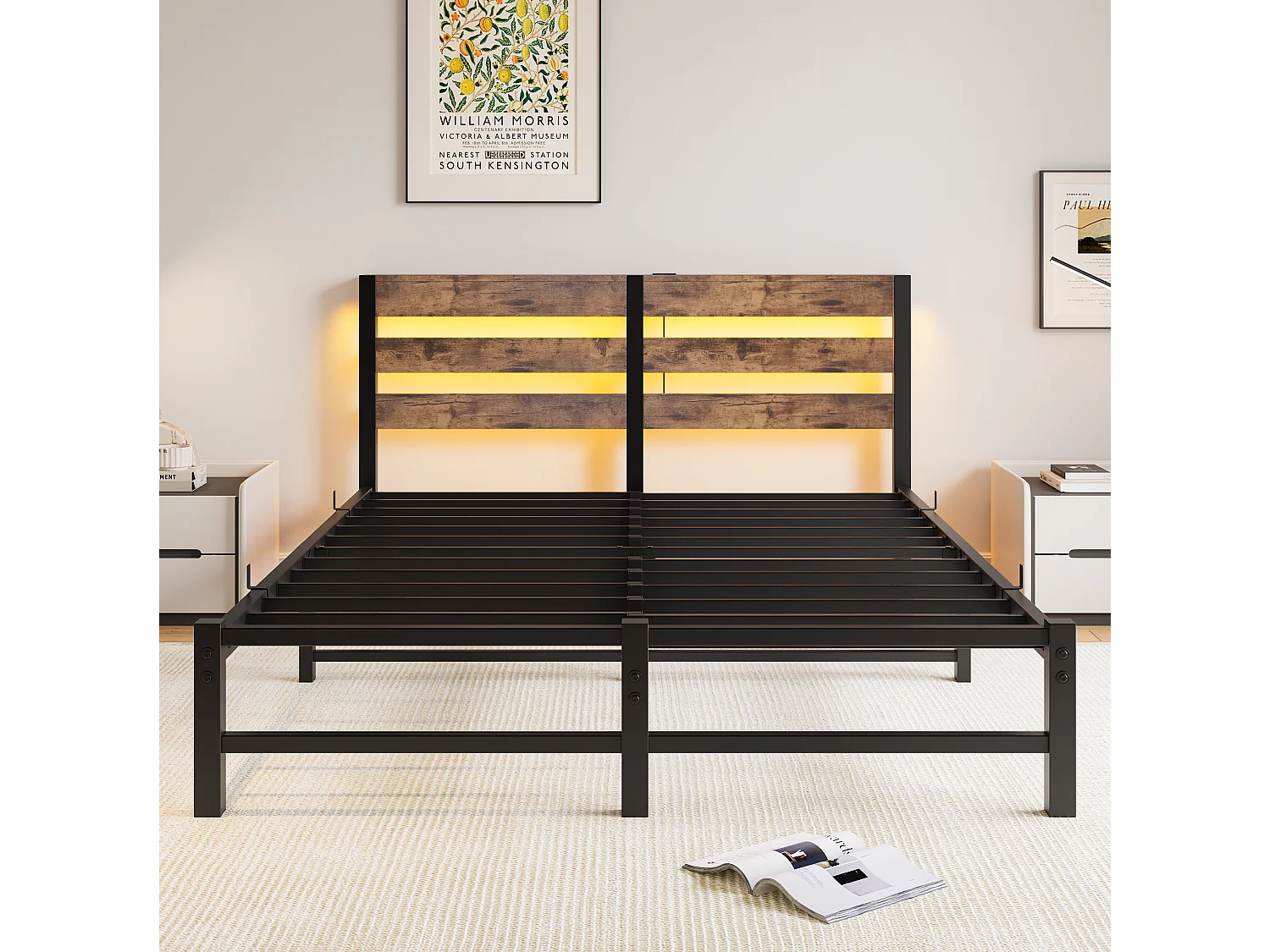 Lit double 140x200cm avec LED et USB - Lit adulte en métal et bois- Couleur noir et bois (sans matelas)