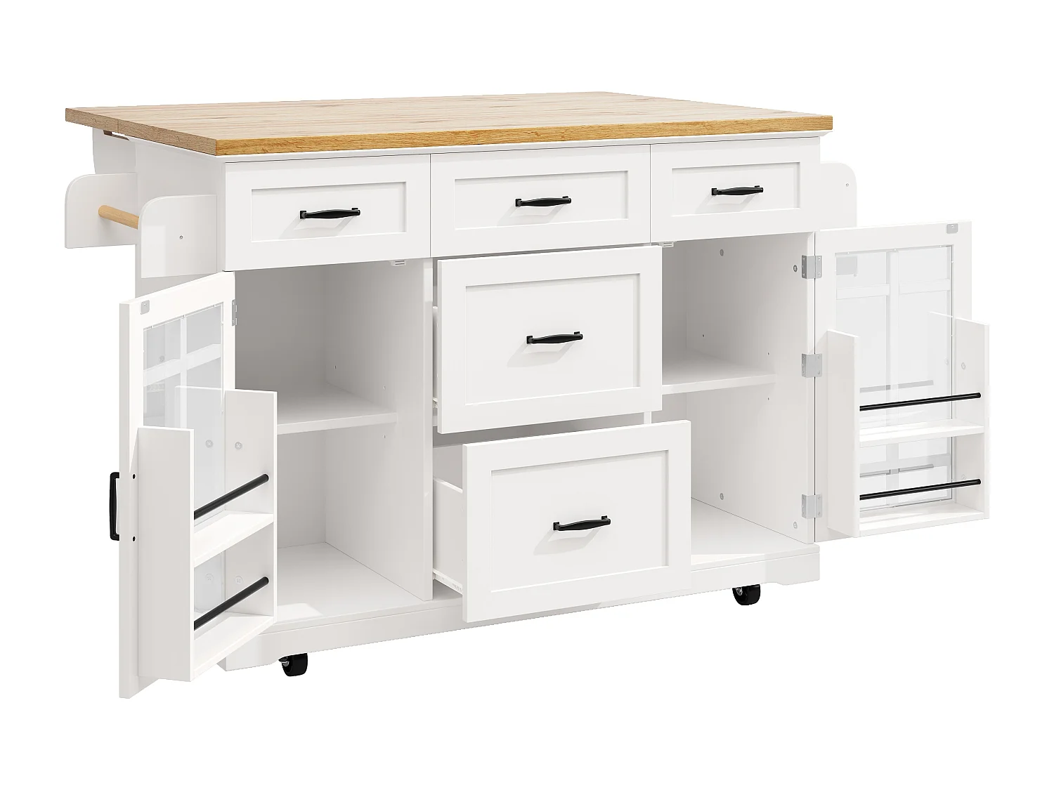 Verplaatsbaar keukeneiland, 165,5 x 40 (63,5) x 95 cm - Serveerwagen met 5 lades en 2 deuren - Wit en houtkleur