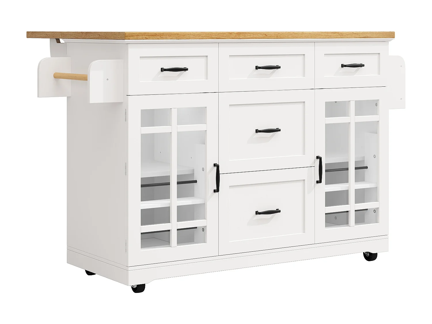 Verplaatsbaar keukeneiland, 165,5 x 40 (63,5) x 95 cm - Serveerwagen met 5 lades en 2 deuren - Wit en houtkleur