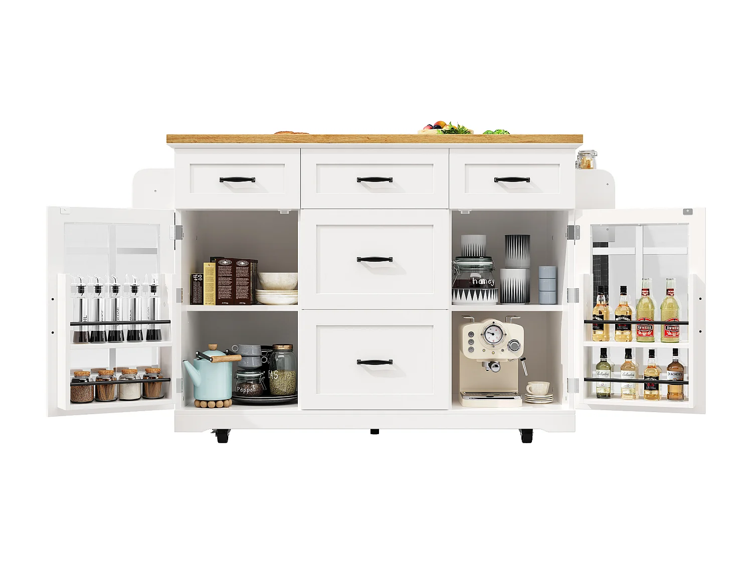 Verplaatsbaar keukeneiland, 165,5 x 40 (63,5) x 95 cm - Serveerwagen met 5 lades en 2 deuren - Wit en houtkleur