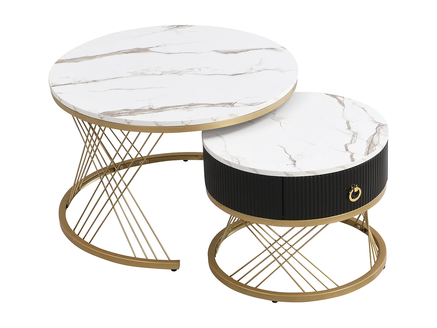 Table basse gigogne avec tiroir - Plateau effet marbre -Métal et bois MDF - Noir