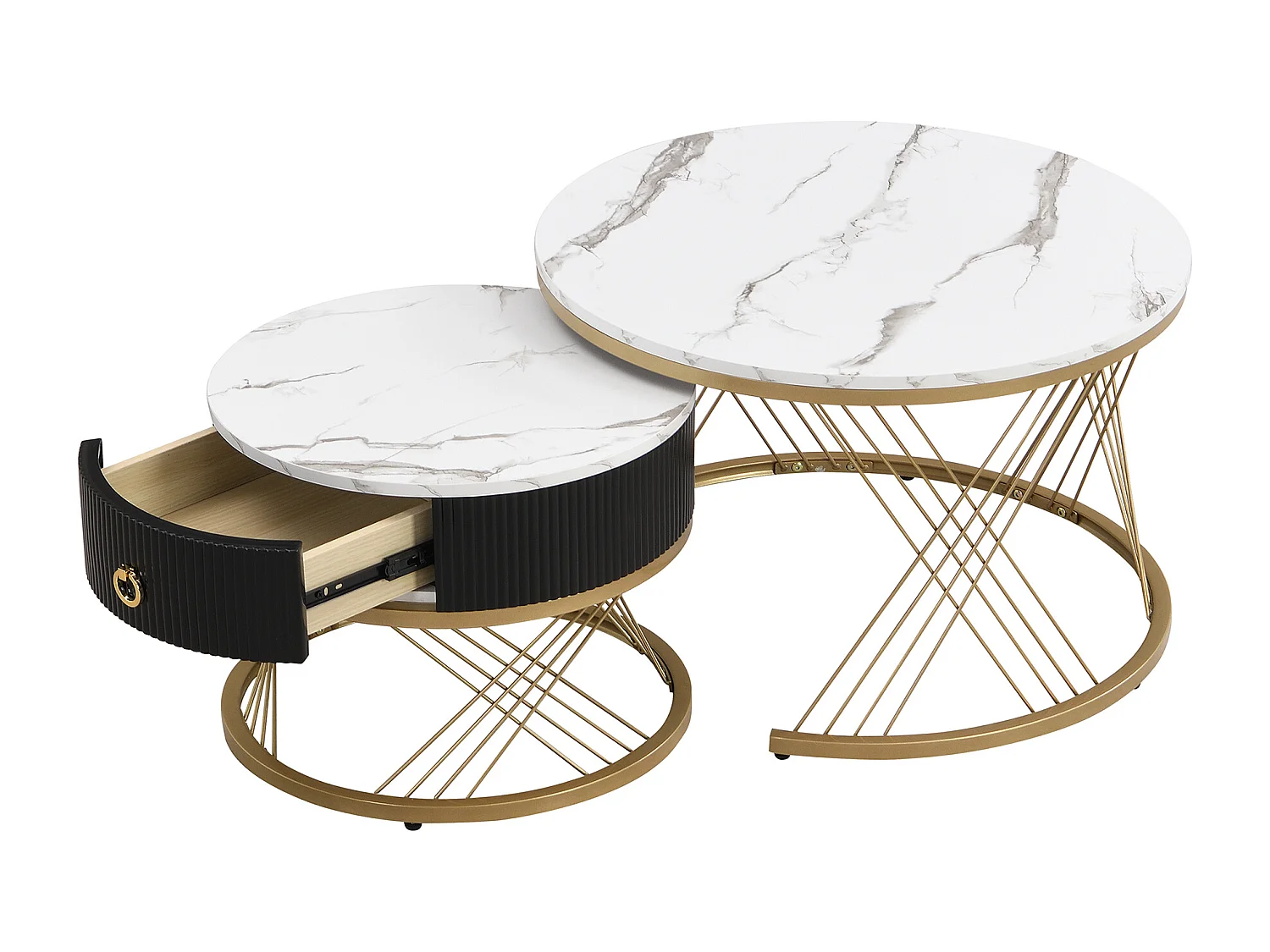 Table basse gigogne avec tiroir - Plateau effet marbre -Métal et bois MDF - Noir