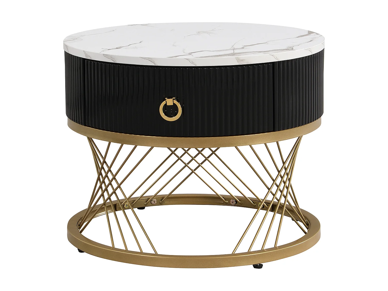 Table basse gigogne avec tiroir - Plateau effet marbre -Métal et bois MDF - Noir