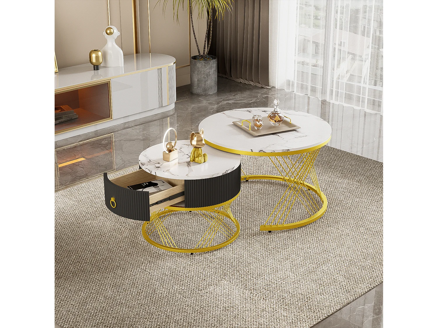 Table basse gigogne avec tiroir - Plateau effet marbre -Métal et bois MDF - Noir