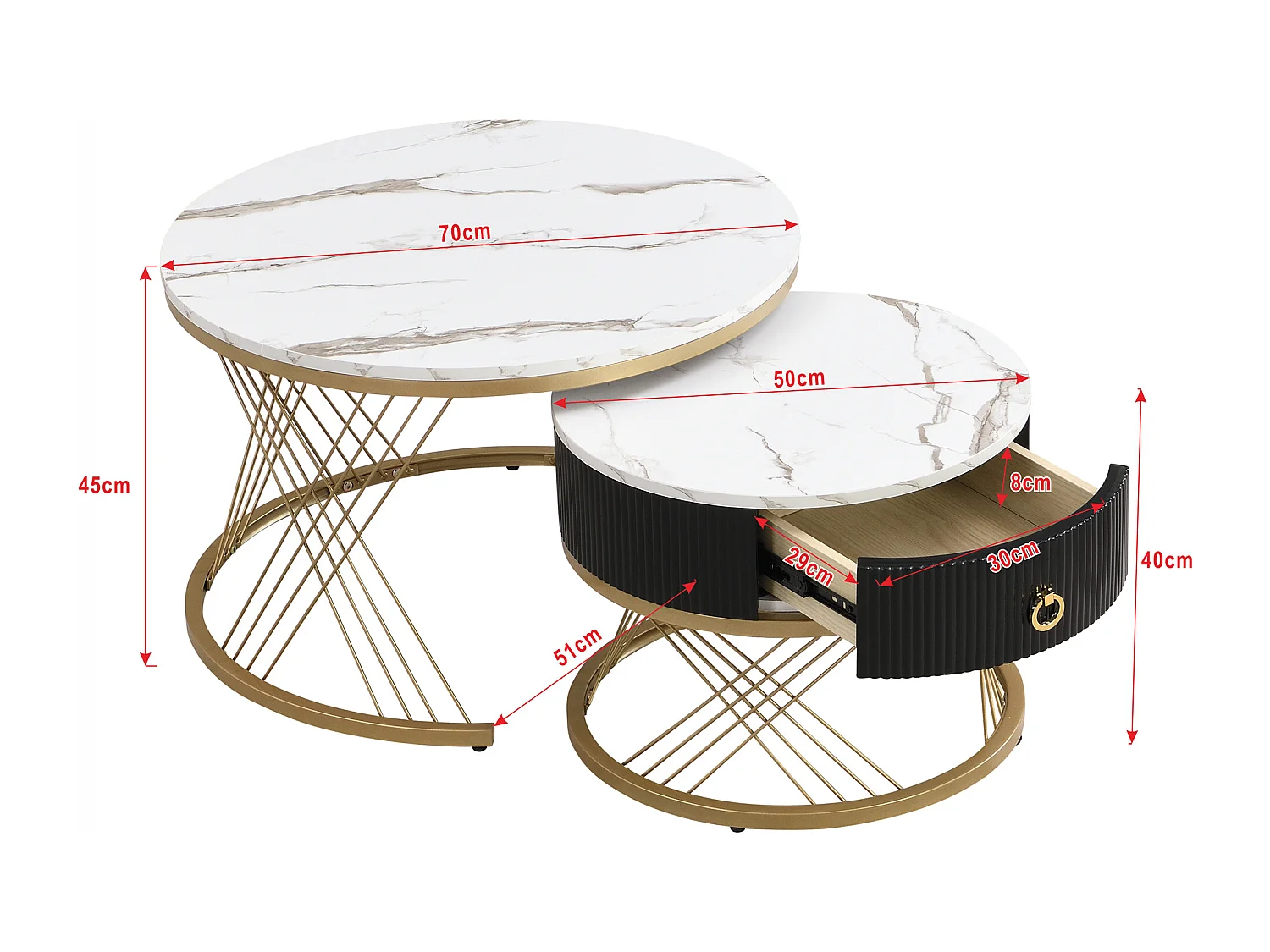 Table basse gigogne avec tiroir - Plateau effet marbre -Métal et bois MDF - Noir