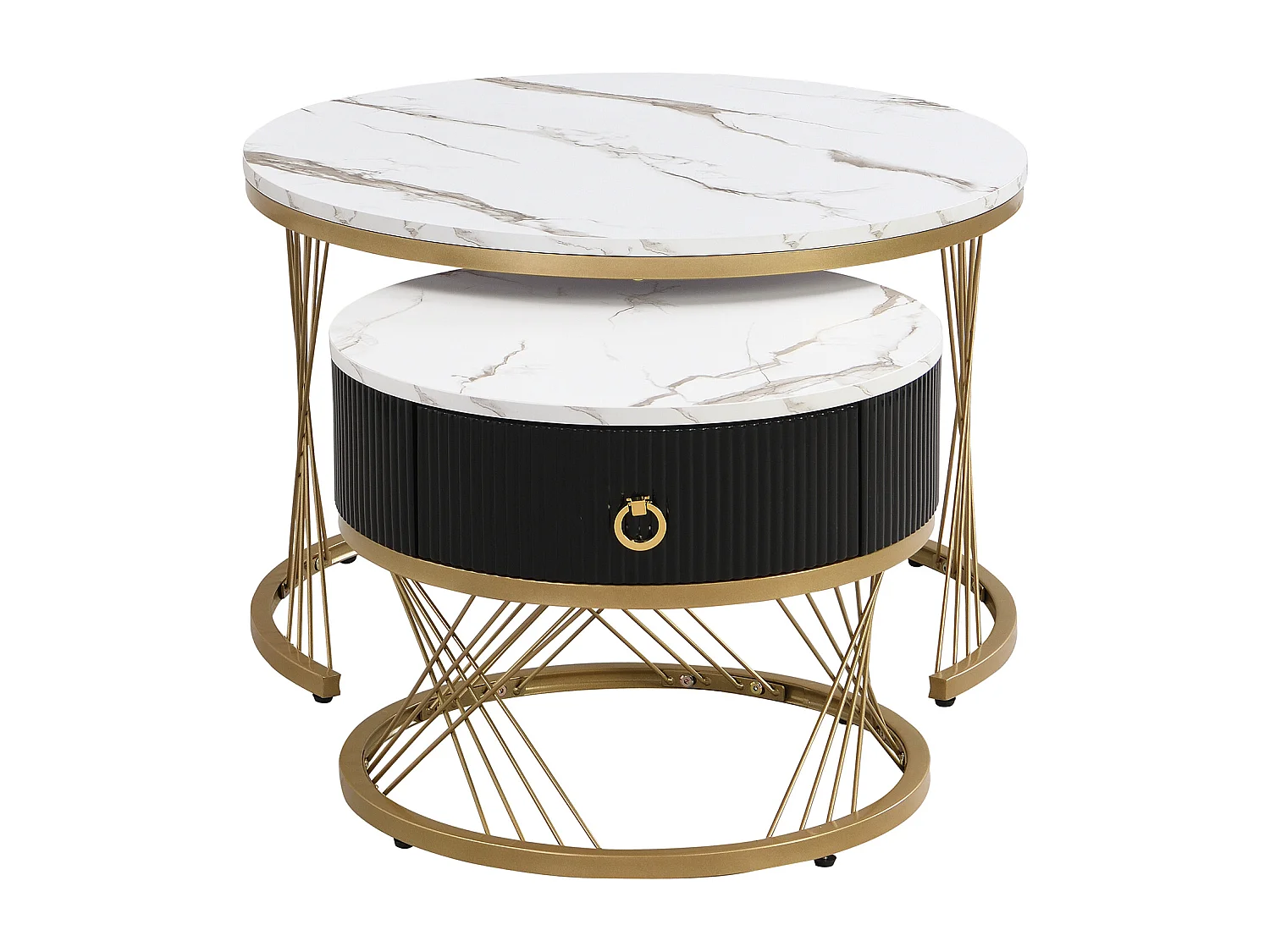 Table basse gigogne avec tiroir - Plateau effet marbre -Métal et bois MDF - Noir