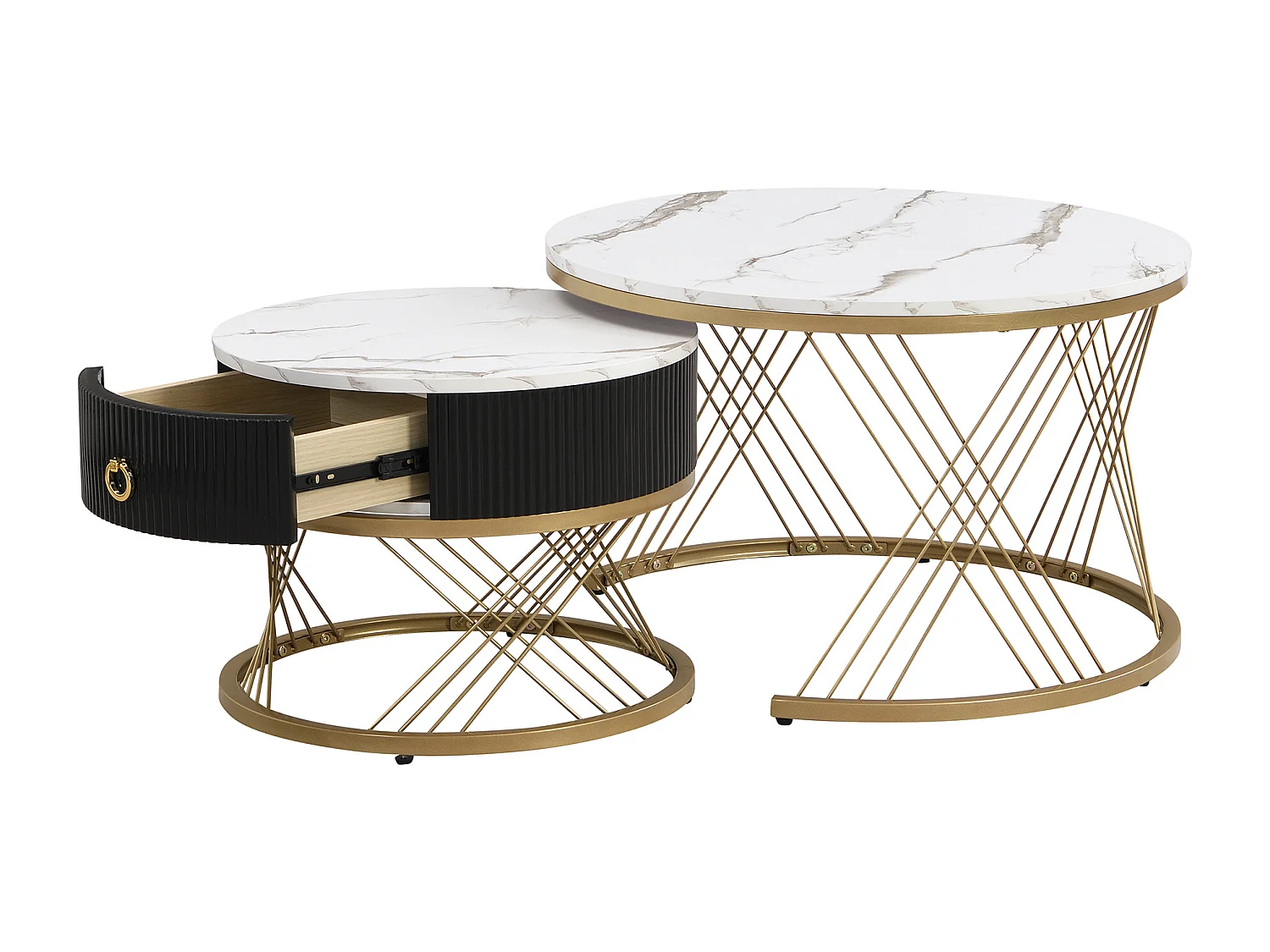 Table basse gigogne avec tiroir - Plateau effet marbre -Métal et bois MDF - Noir