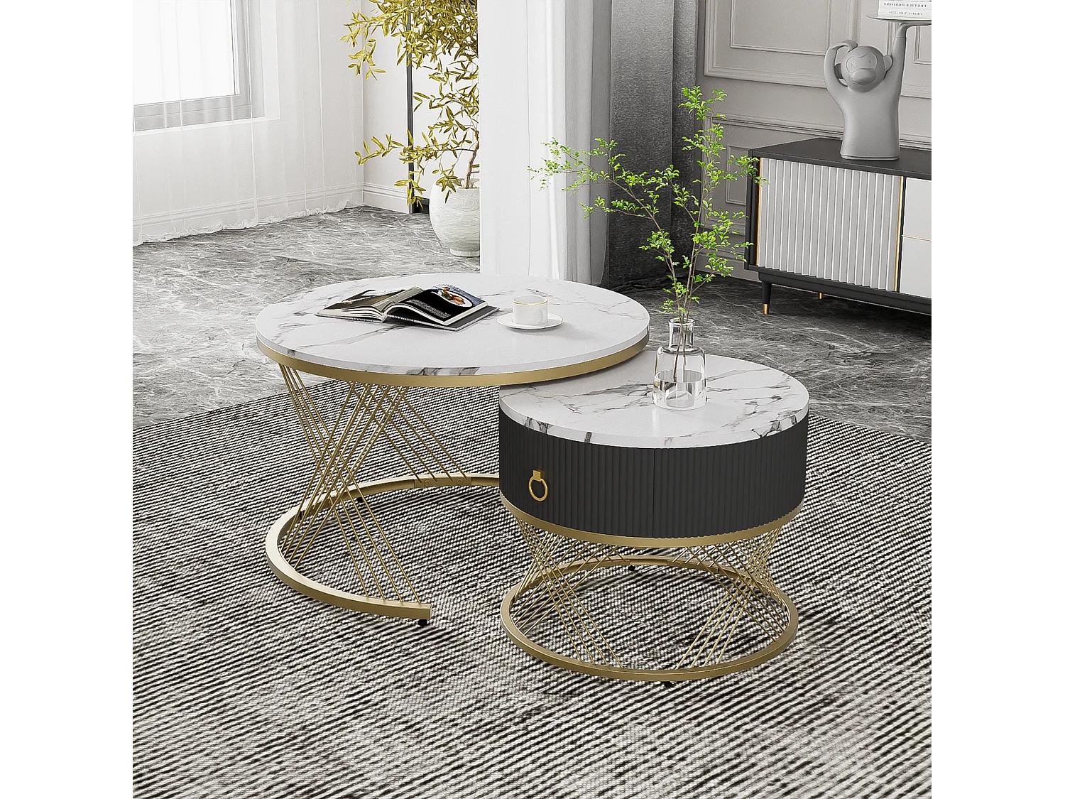 Table basse gigogne avec tiroir - Plateau effet marbre -Métal et bois MDF - Noir