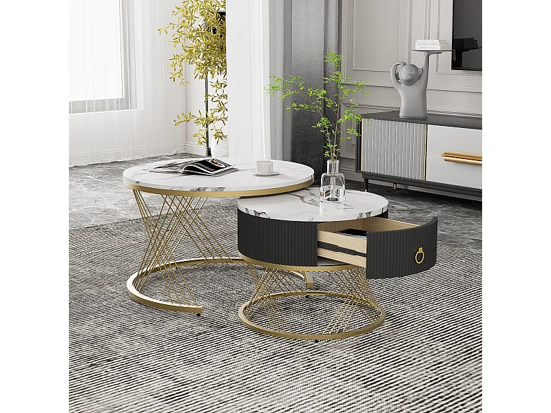 Table basse gigogne avec tiroir - Plateau effet marbre -Métal et bois MDF - Noir