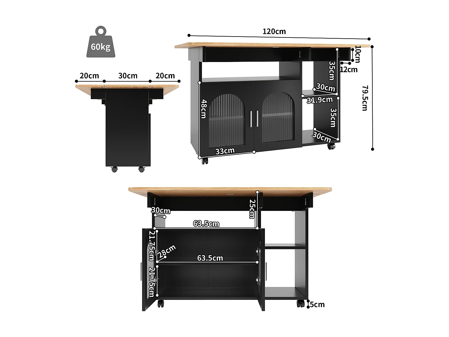 Keukeneiland met 2 glazen deuren en wielen - Houtnerf fineer - Zwart