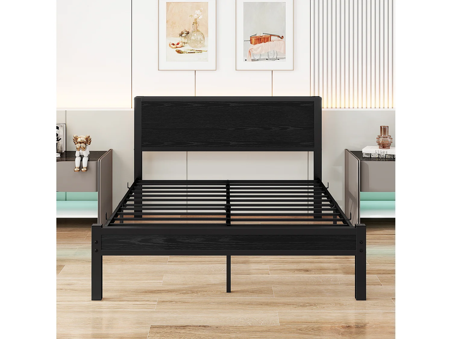 Cadre de lit en métal 140x200 cm avec tête de lit en bois- Lit double adulte noir - Sans matelas