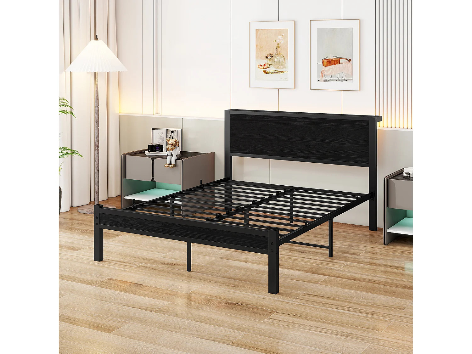 Cadre de lit en métal 140x200 cm avec tête de lit en bois- Lit double adulte noir - Sans matelas