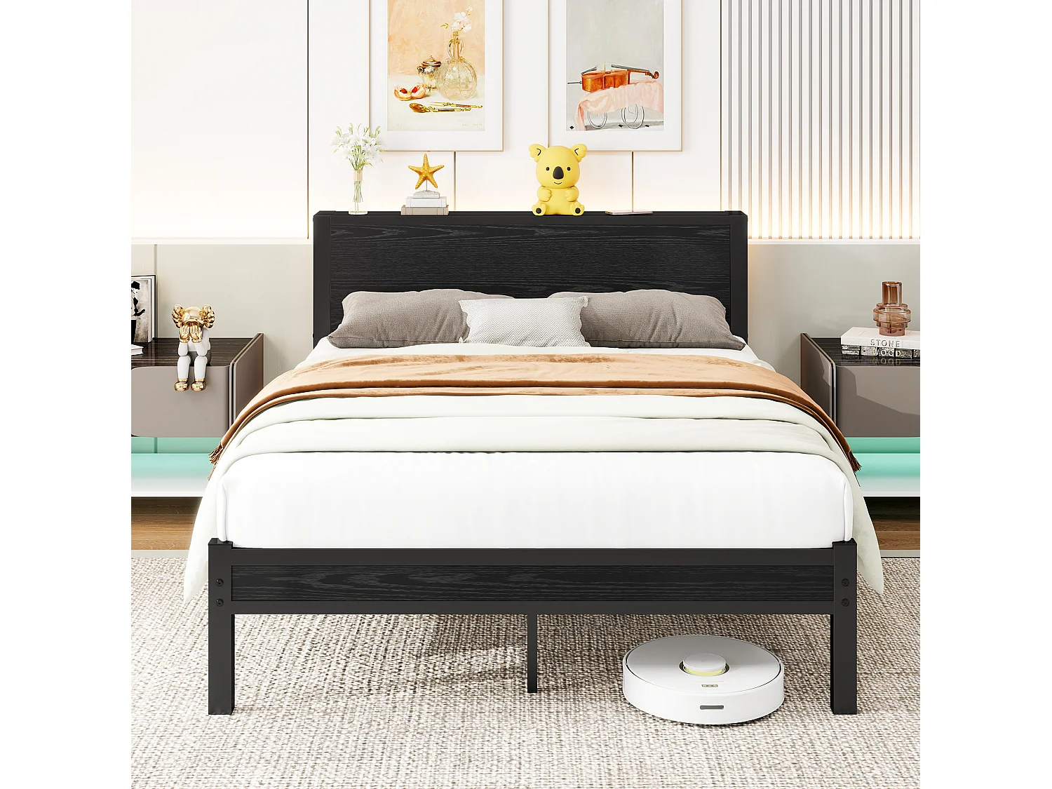 Cadre de lit en métal 140x200 cm avec tête de lit en bois- Lit double adulte noir - Sans matelas