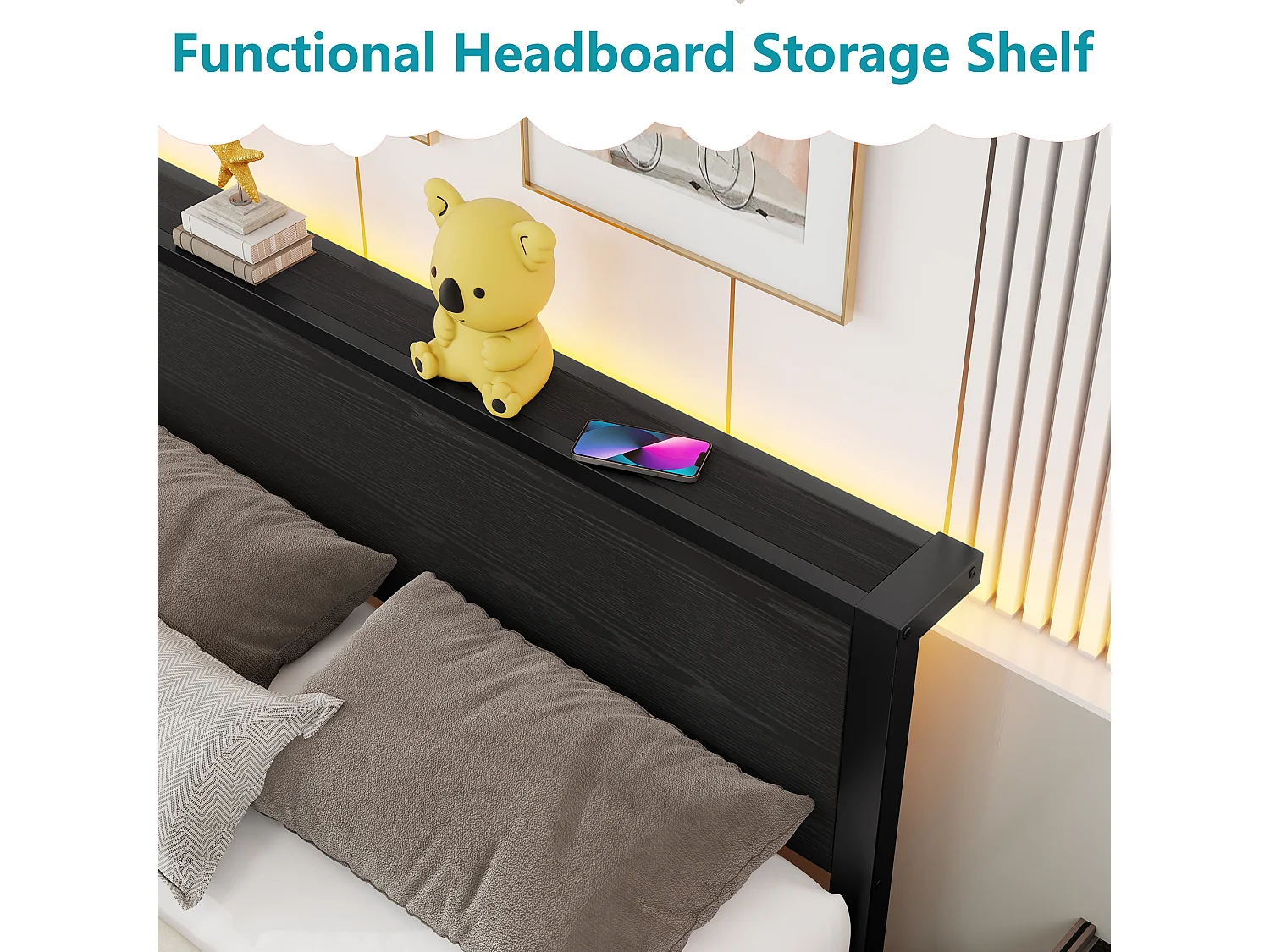 Cadre de lit en métal 140x200 cm avec tête de lit en bois- Lit double adulte noir - Sans matelas