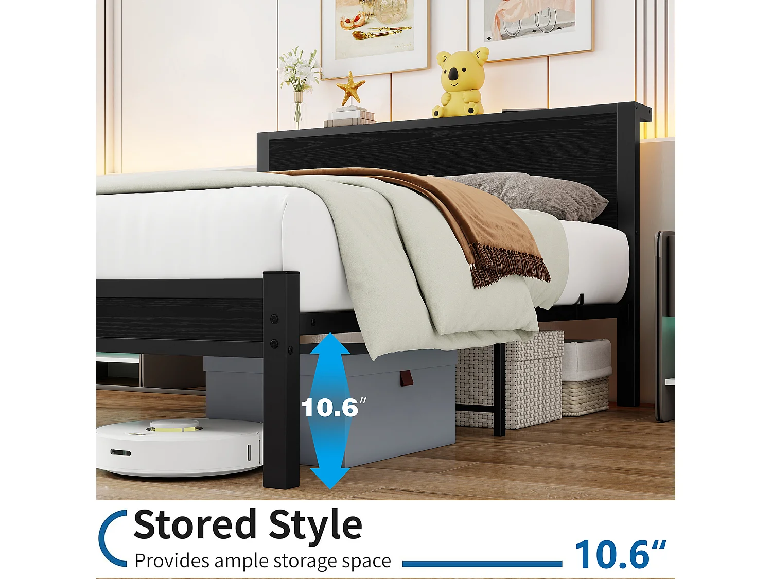 Cadre de lit en métal 140x200 cm avec tête de lit en bois- Lit double adulte noir - Sans matelas