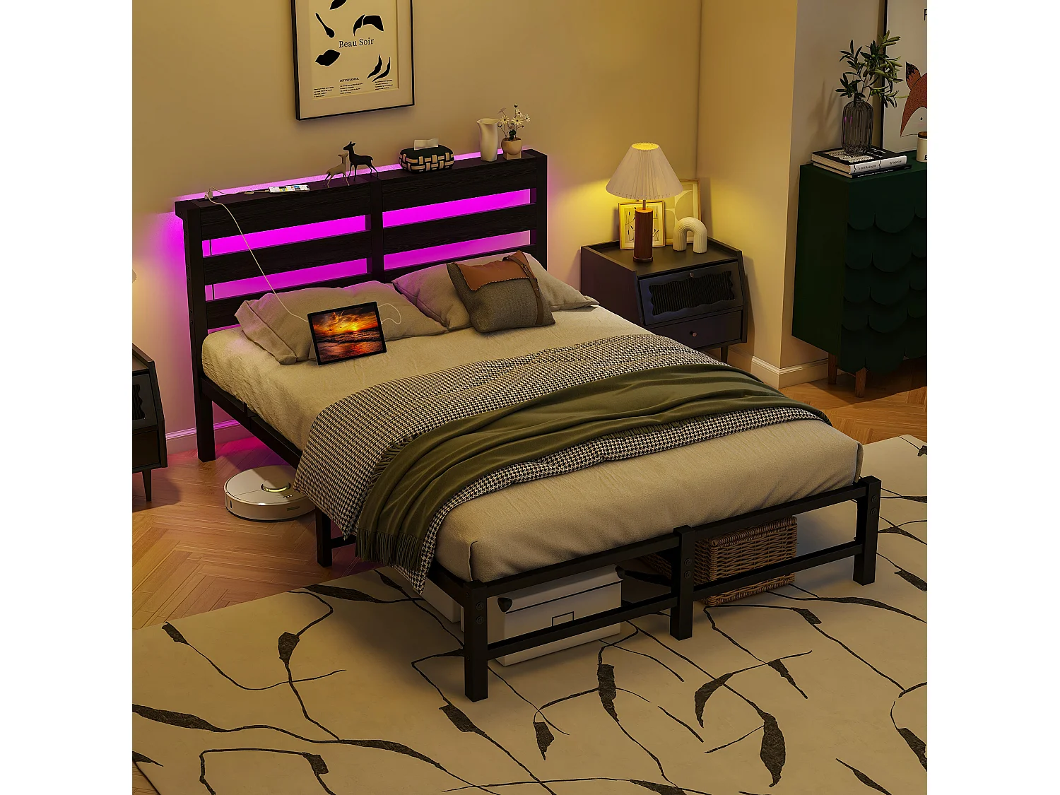 Lit simple 120x200cm avec LED et USB - Lit adulte en métal noir et bois (sans matelas)