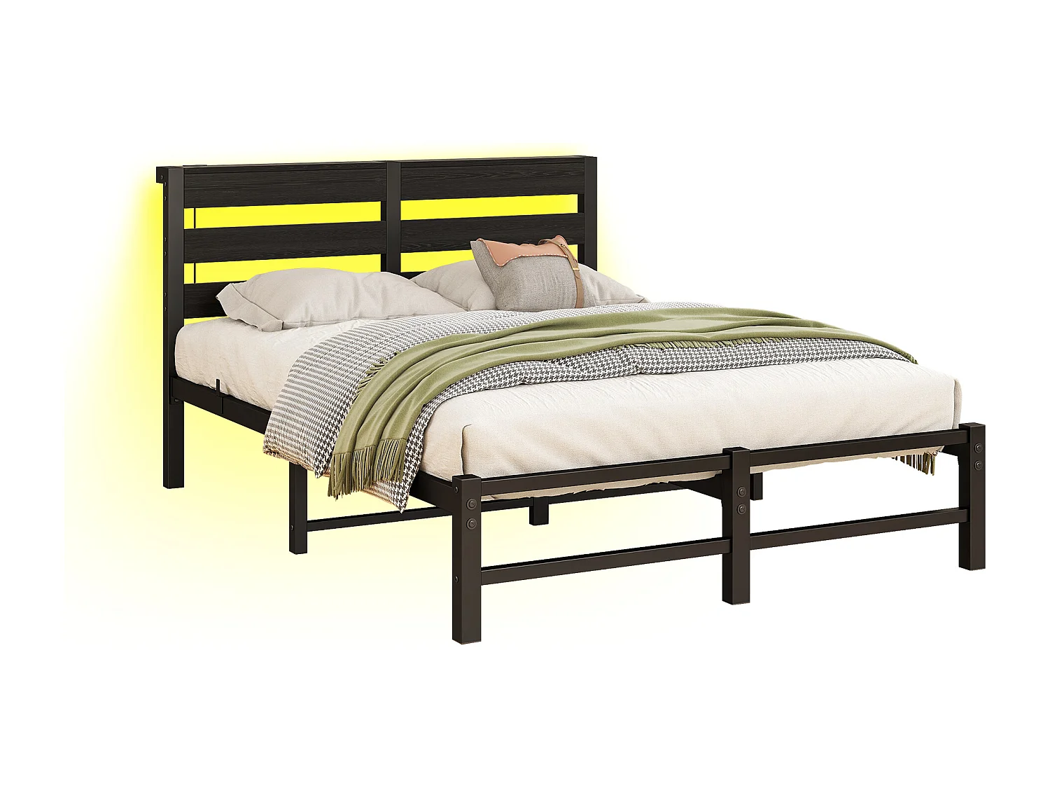 Lit simple 120x200cm avec LED et USB - Lit adulte en métal noir et bois (sans matelas)