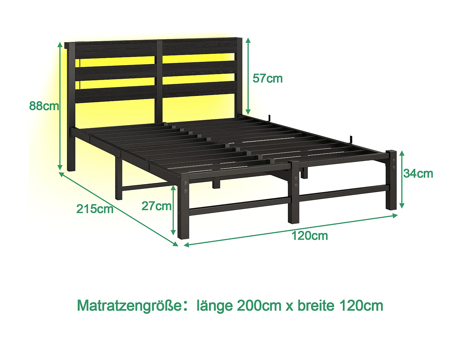 Lit simple 120x200cm avec LED et USB - Lit adulte en métal noir et bois (sans matelas)