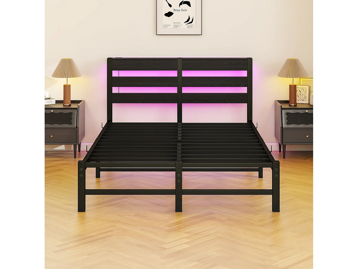 Lit simple 120x200cm avec LED et USB - Lit adulte en métal noir et bois (sans matelas)