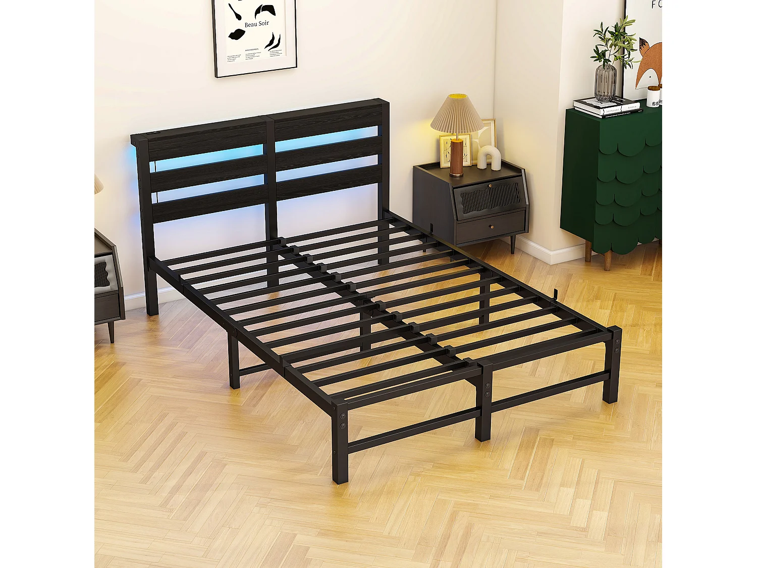 Lit simple 120x200cm avec LED et USB - Lit adulte en métal noir et bois (sans matelas)