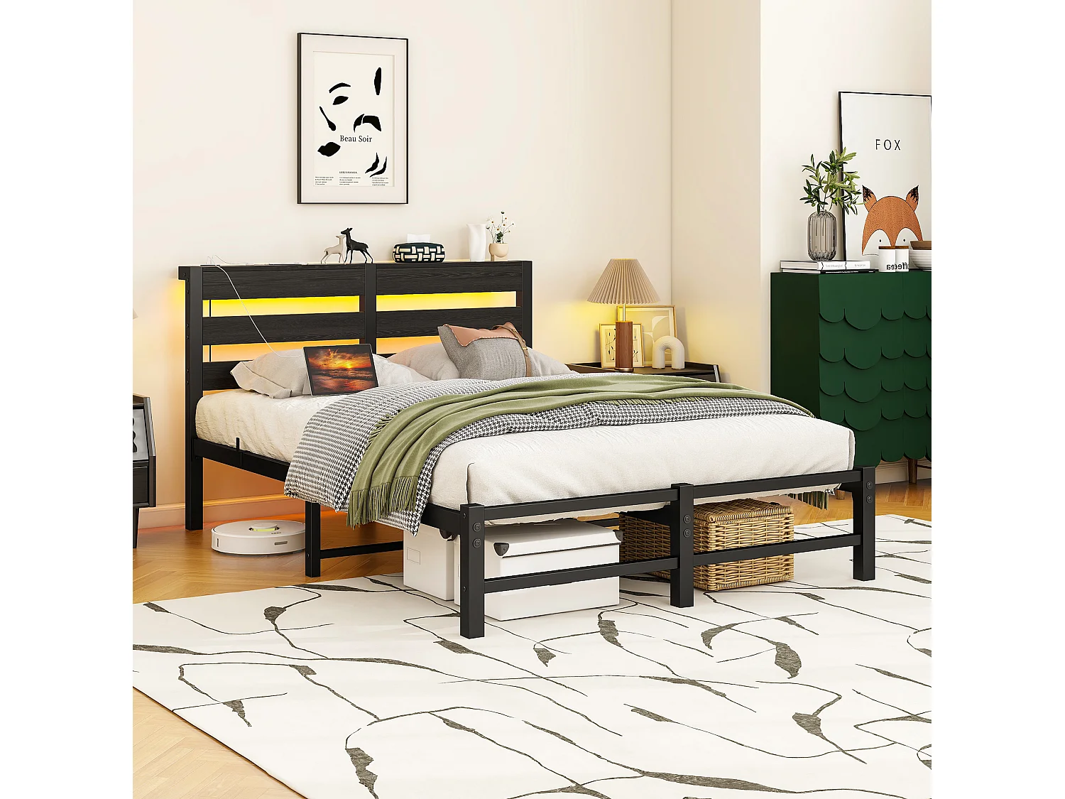 Lit simple 120x200cm avec LED et USB - Lit adulte en métal noir et bois (sans matelas)