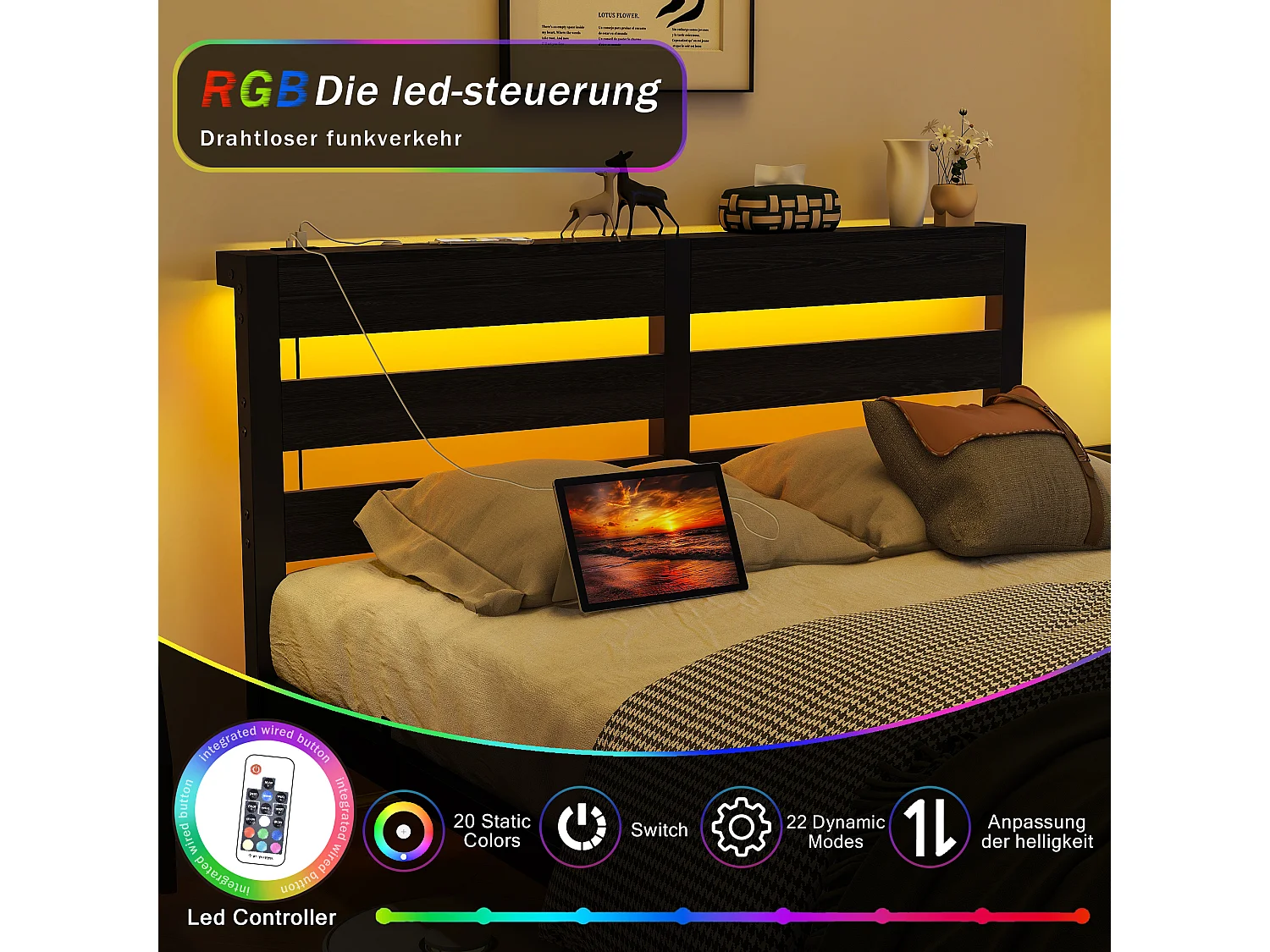 Lit simple 120x200cm avec LED et USB - Lit adulte en métal noir et bois (sans matelas)