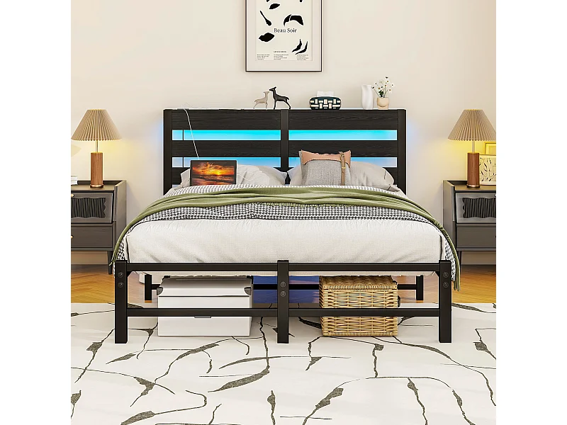 Lit simple 120x200cm avec LED et USB - Lit adulte en métal noir et bois (sans matelas)