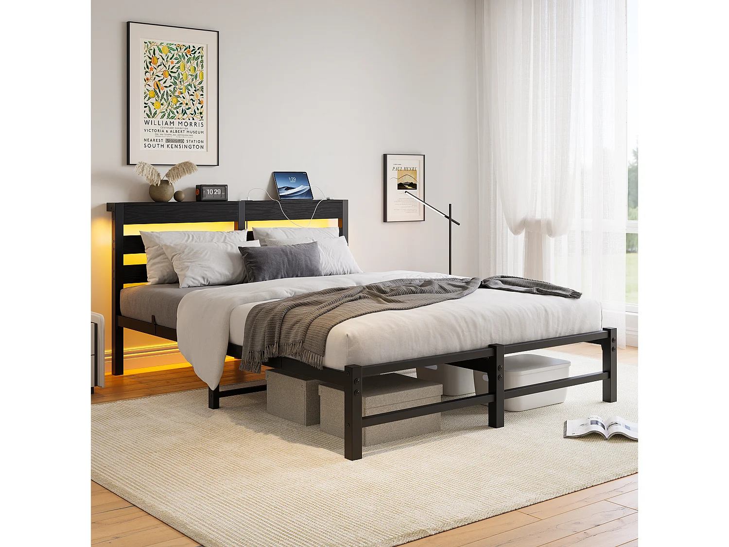 Lit double 140x200cm avec LED et USB - Lit adulte en métal noir et bois (sans matelas)