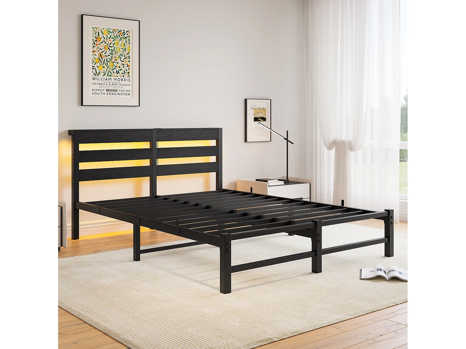 Lit double 140x200cm avec LED et USB - Lit adulte en métal noir et bois (sans matelas)