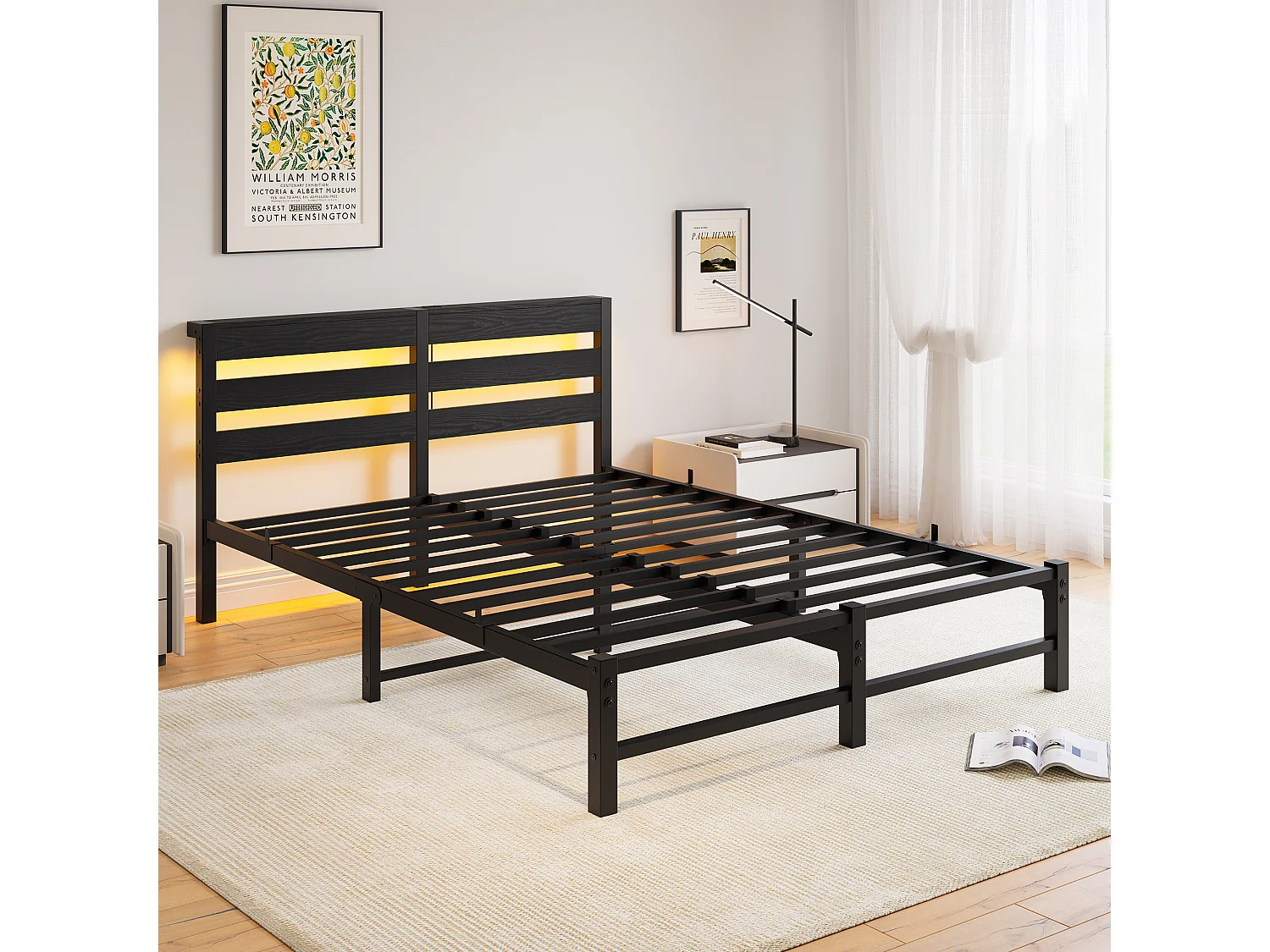 Lit double 140x200cm avec LED et USB - Lit adulte en métal noir et bois (sans matelas)