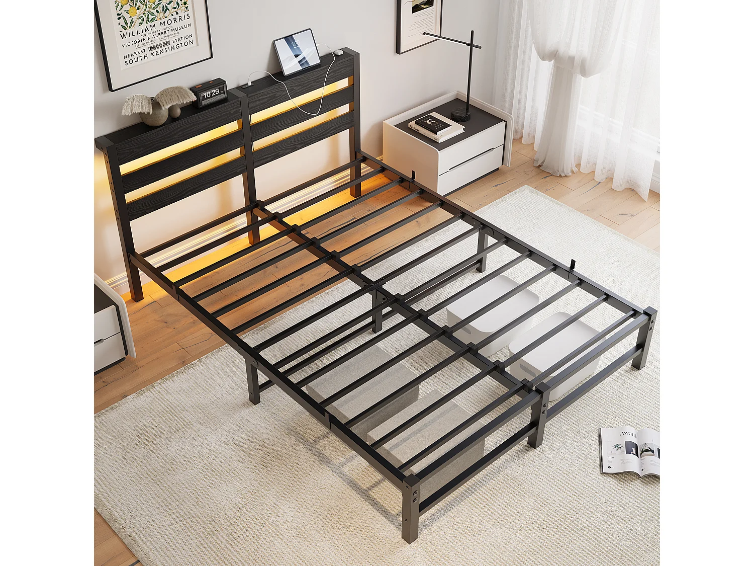 Lit double 140x200cm avec LED et USB - Lit adulte en métal noir et bois (sans matelas)