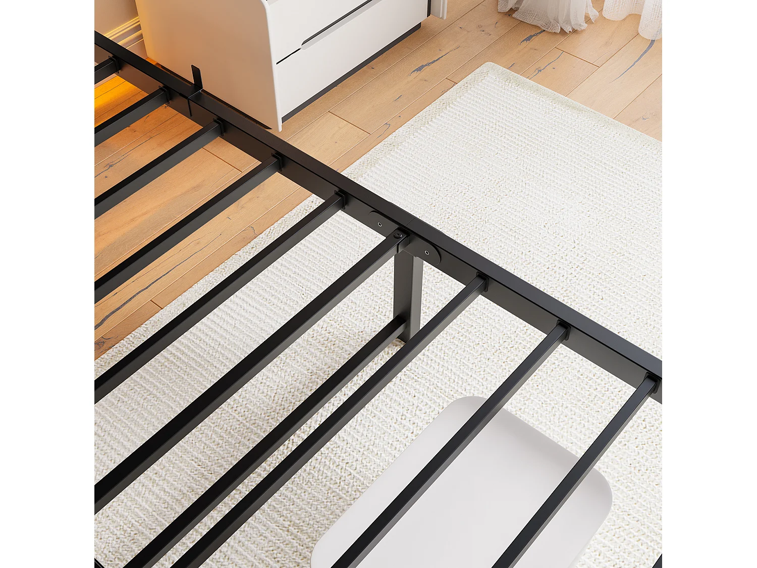 Lit double 140x200cm avec LED et USB - Lit adulte en métal noir et bois (sans matelas)