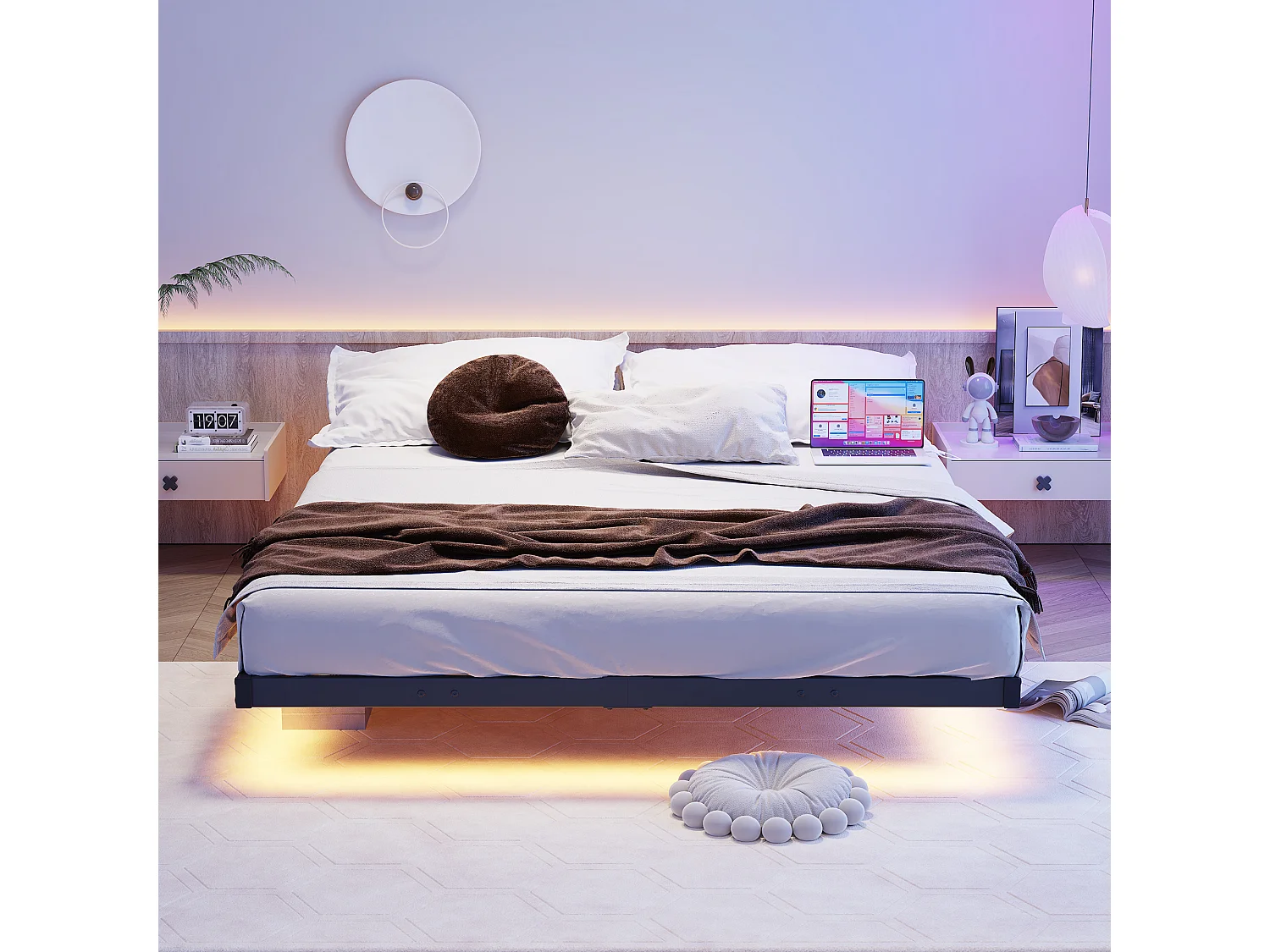 Lit adulte 140x190cm avec LED et station de recharge - Lit flottant en métal - Sans tête de lit - Noir