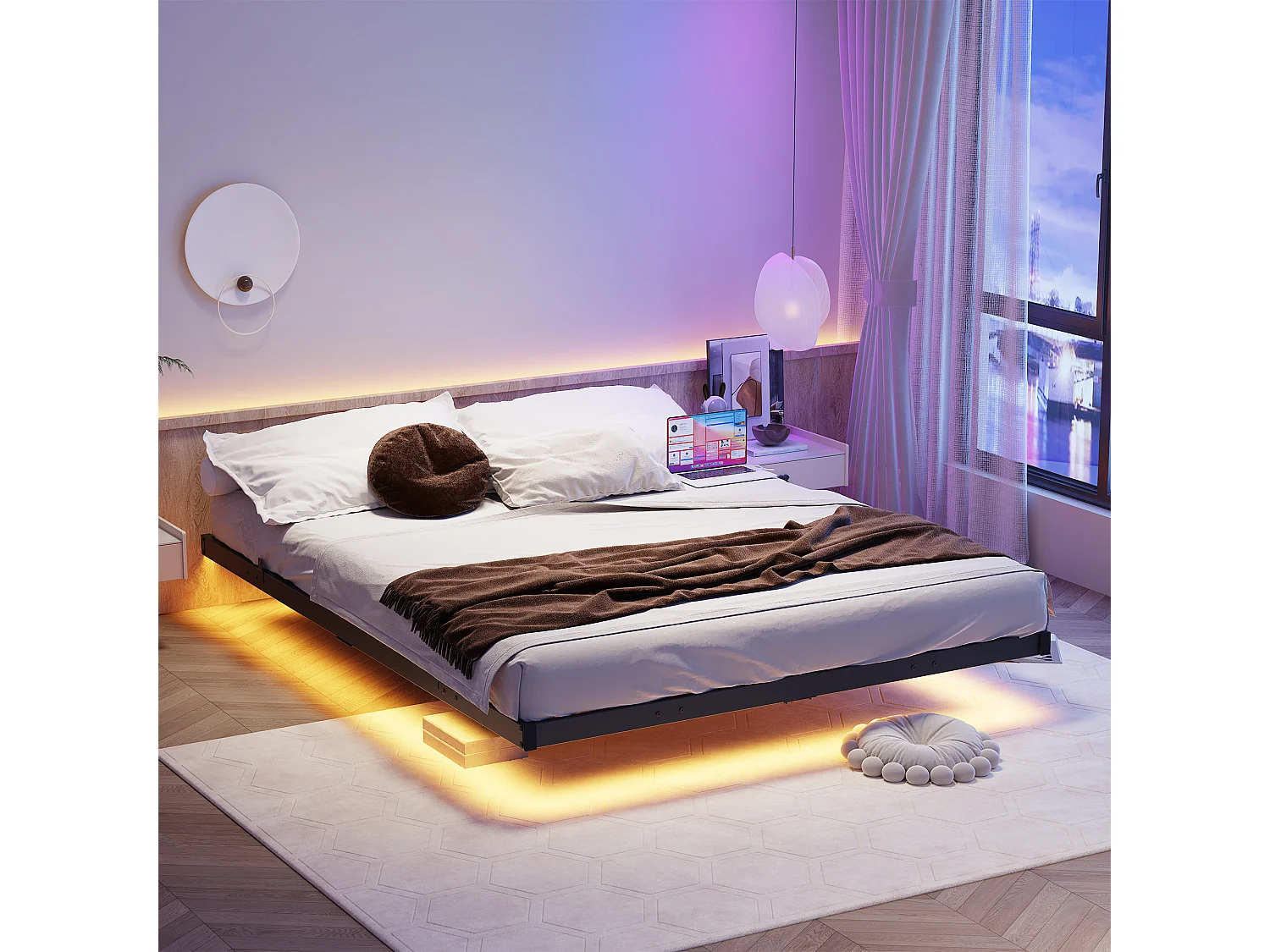 Lit adulte 140x190cm avec LED et station de recharge - Lit flottant en métal - Sans tête de lit - Noir