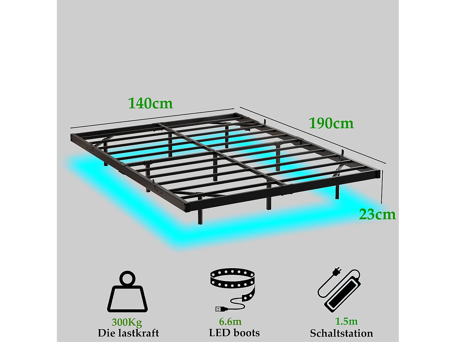 Lit adulte 140x190cm avec LED et station de recharge - Lit flottant en métal - Sans tête de lit - Noir