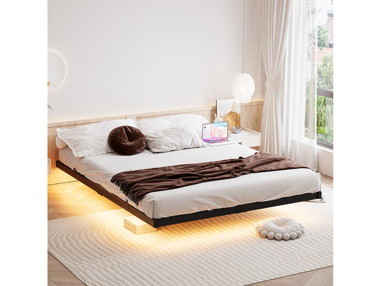 Lit adulte 140x190cm avec LED et station de recharge - Lit flottant en métal - Sans tête de lit - Noir