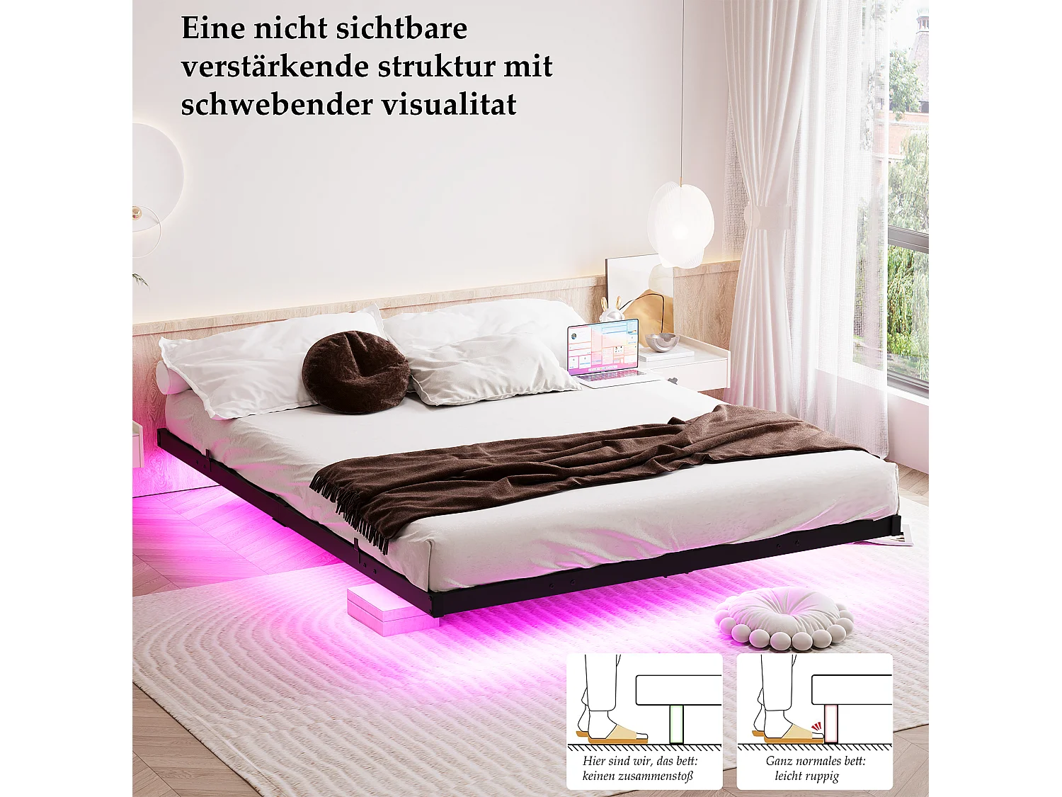 Lit adulte 140x190cm avec LED et station de recharge - Lit flottant en métal - Sans tête de lit - Noir