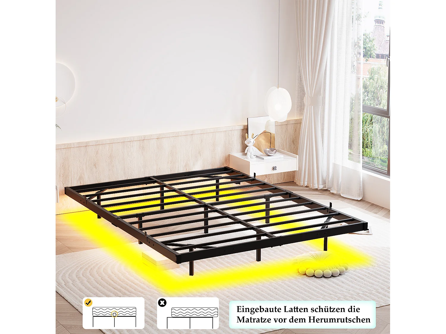 Lit adulte 140x190cm avec LED et station de recharge - Lit flottant en métal - Sans tête de lit - Noir