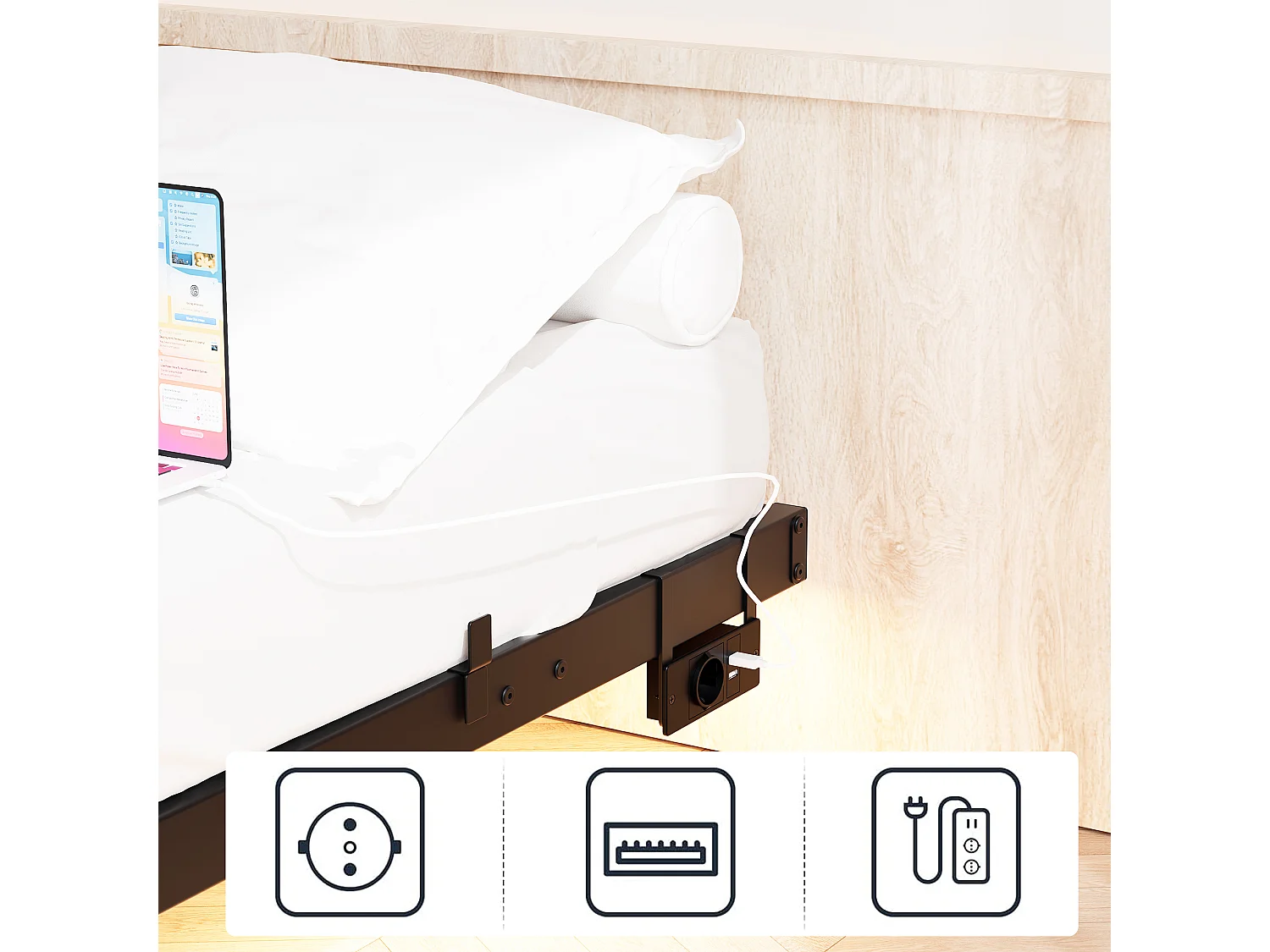 Lit adulte 140x190cm avec LED et station de recharge - Lit flottant en métal - Sans tête de lit - Noir